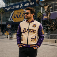 LAL Cream and Purple - Varsity Jacket With Courtside Confidence - main